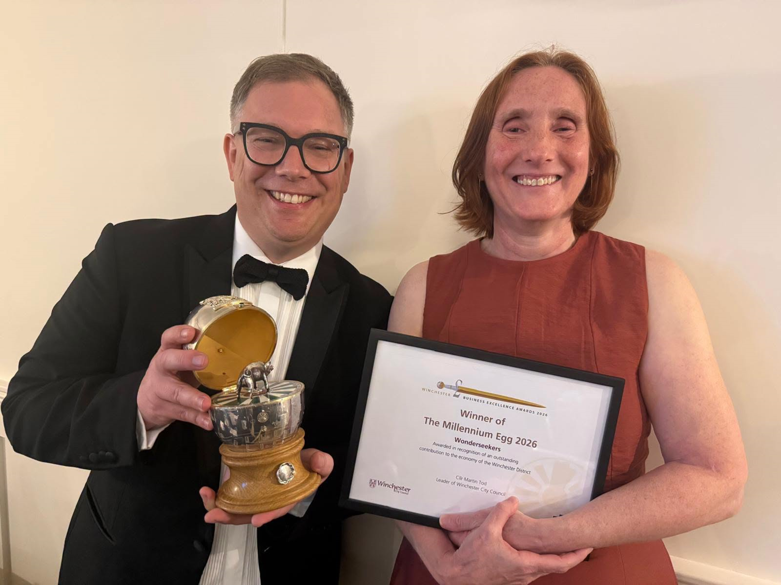 Wonderseekers' Ben Ward (Chief Executive Officer) and Dr. Janet Owen (Chair of Trustees) were presented with the Millennium Egg at at the 2026 Winchester Business Excellence Awards.